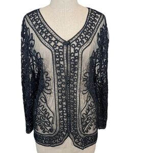 Vintage Chunbiu black sheer mesh, 3 button cardigan W Soutache & beads. Large